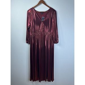 Torrid Red Liquid Knit Tea Length Dress 3/4 Sleeve V-neck Shiny Size 0